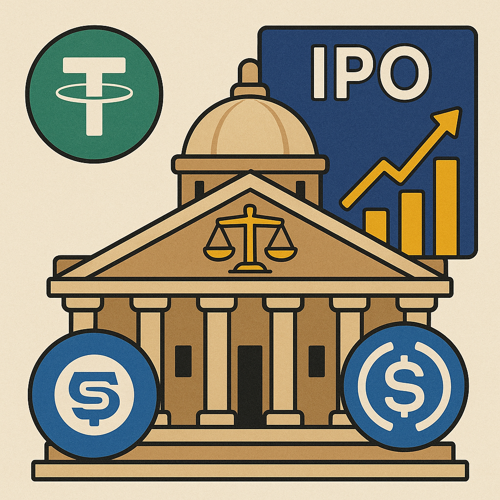 “Stablecoin regulation, GENIUS Act, and crypto IPOs illustrated with law and finance visuals.”
