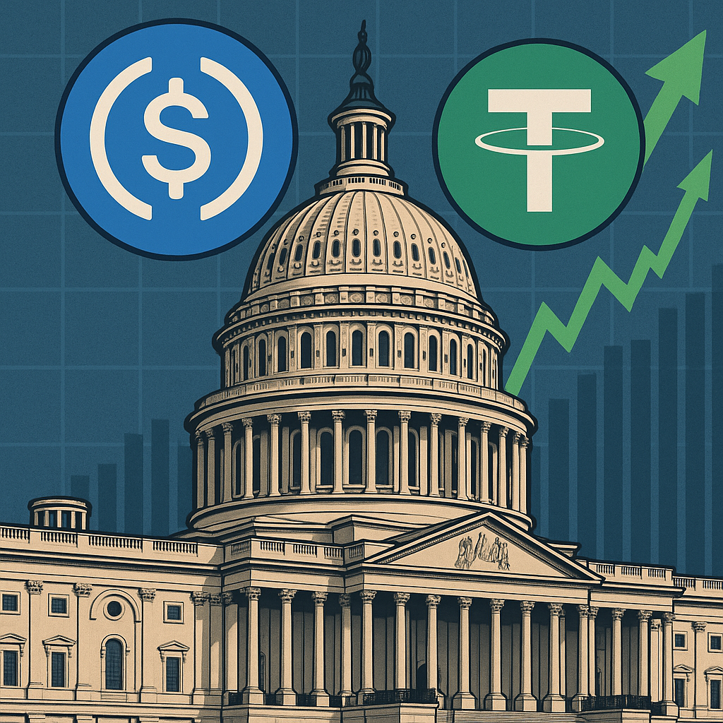 "U.S. Capitol building with stablecoin symbols and upward chart indicating regulatory approval and market growth."