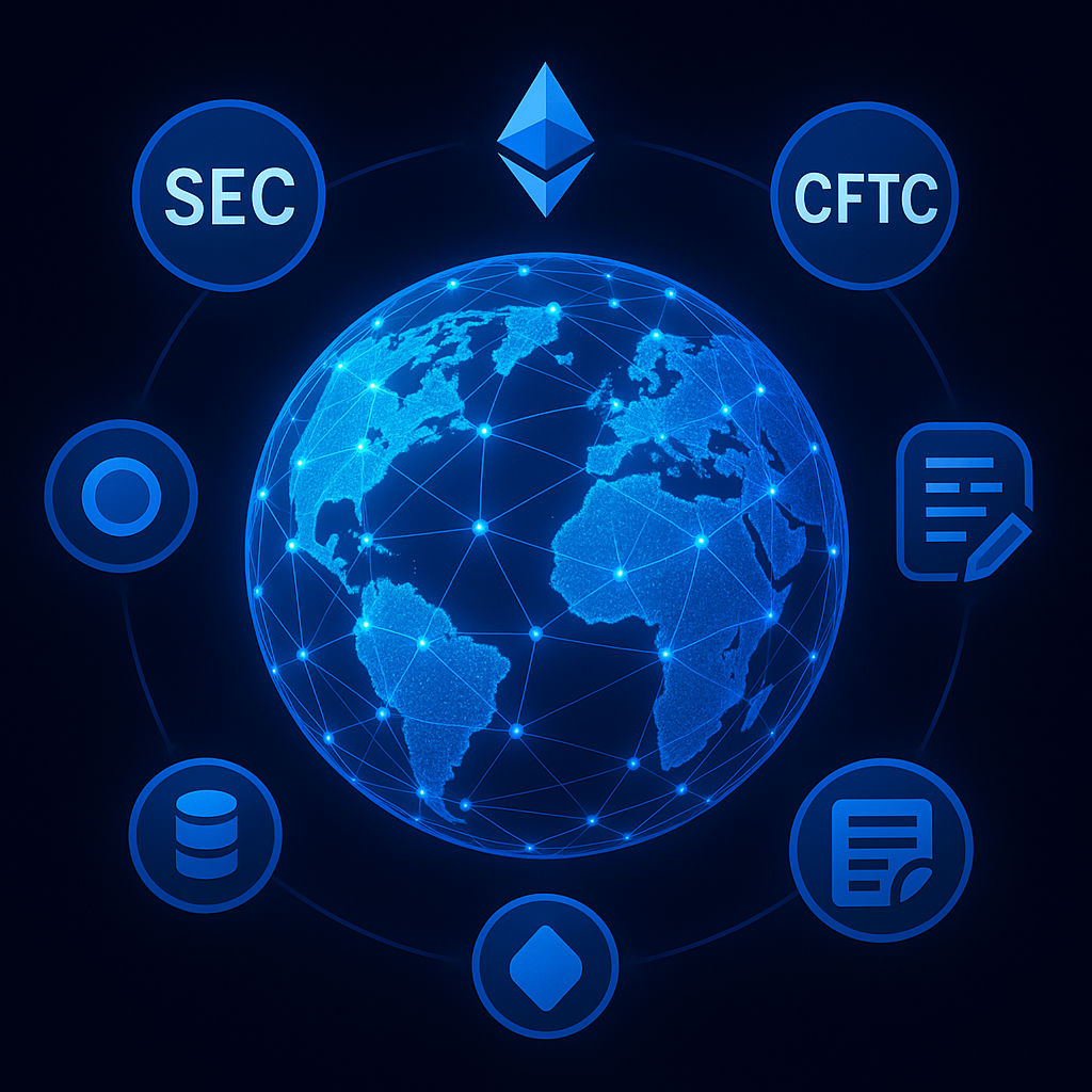 “A globe of interconnected blockchain networks being integrated with regulatory authority icons, symbolizing crypto’s entry into mainstream finance.”