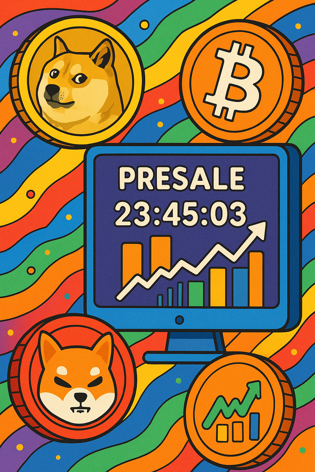 “Meme coins, Bitcoin, and altcoin rally visuals with a presale countdown representing crypto innovation.”