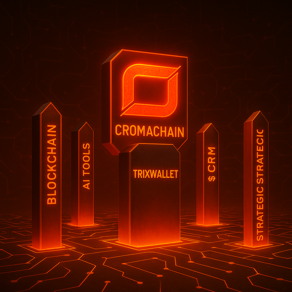 Six glowing digital pillars representing CromaChain's ecosystem components, including AI tools, tokens, and TrixWallet