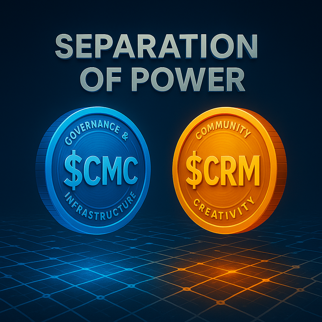 Illustration of $CRM and $CMC tokens representing the dual-token structure of CromaChain blockchain ecosystem.