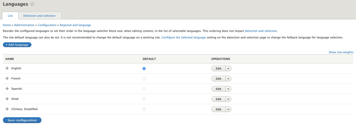 screenshot of Drupal backend for list of languages