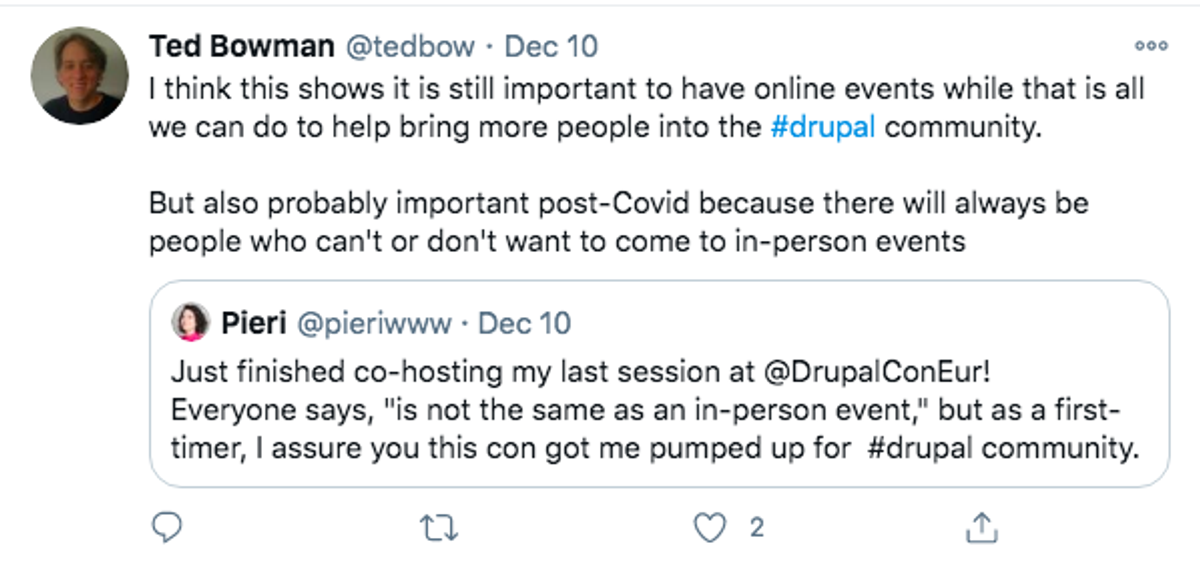 Ted Bowman retweets Pierina's tweet on Co-hosting DrupalCon Europe 2020