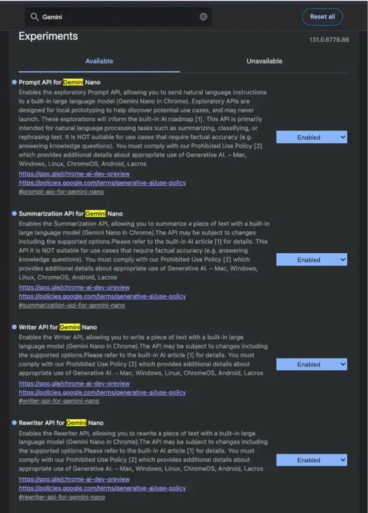 Available API models for Gemini Nano