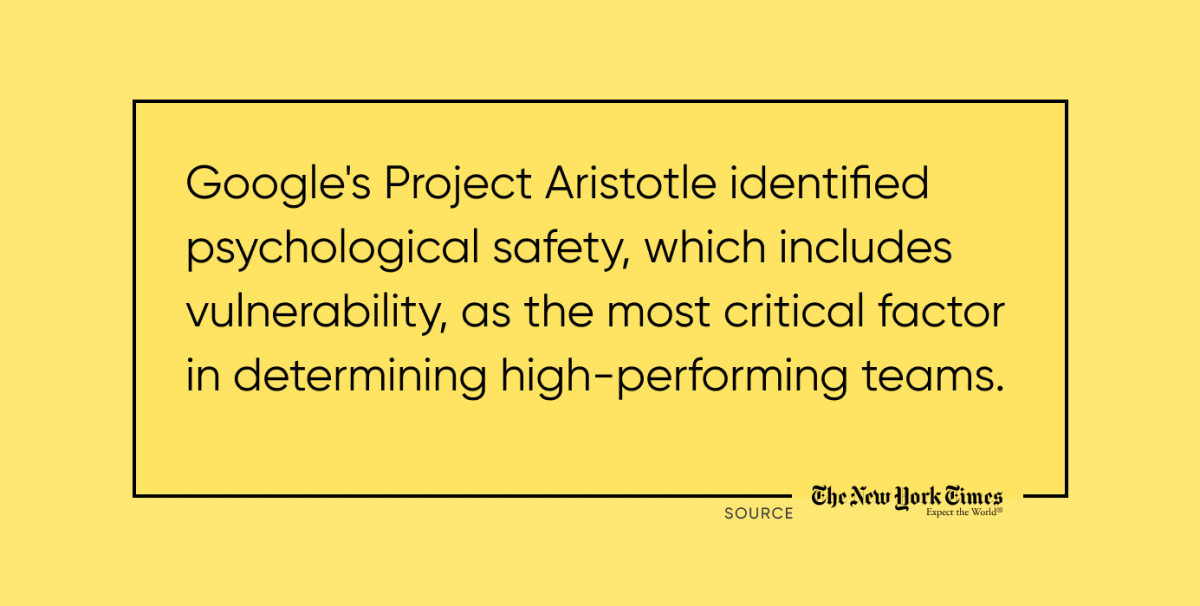 A quote from New York Times that says vulnerability is the most critical factor in determining high-performing teams