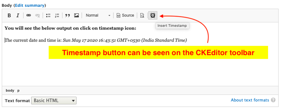 Timestamp button can be seen on the CKEditor toolbar