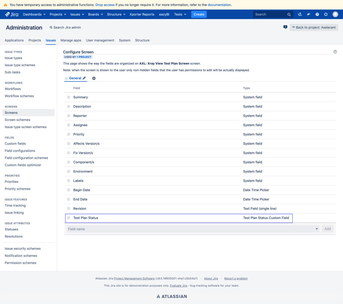 screenshot of Jira board adminstration