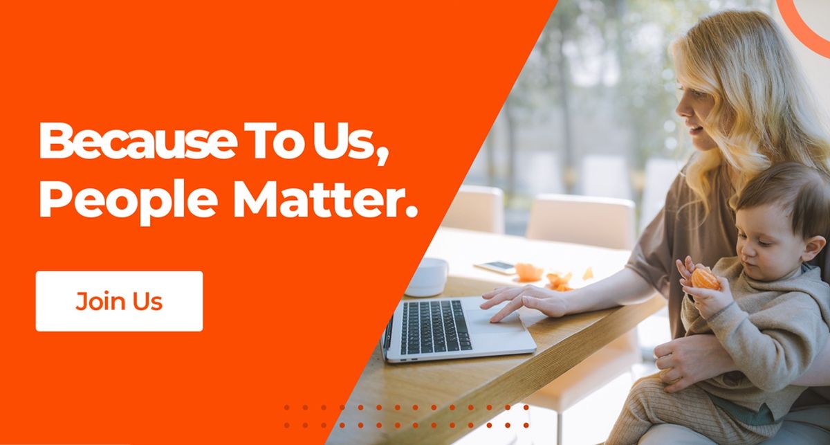 A woman is sitting with her child while working remotely. Axelerant sees its people like human beings and treats them with respect and care that they deserve.