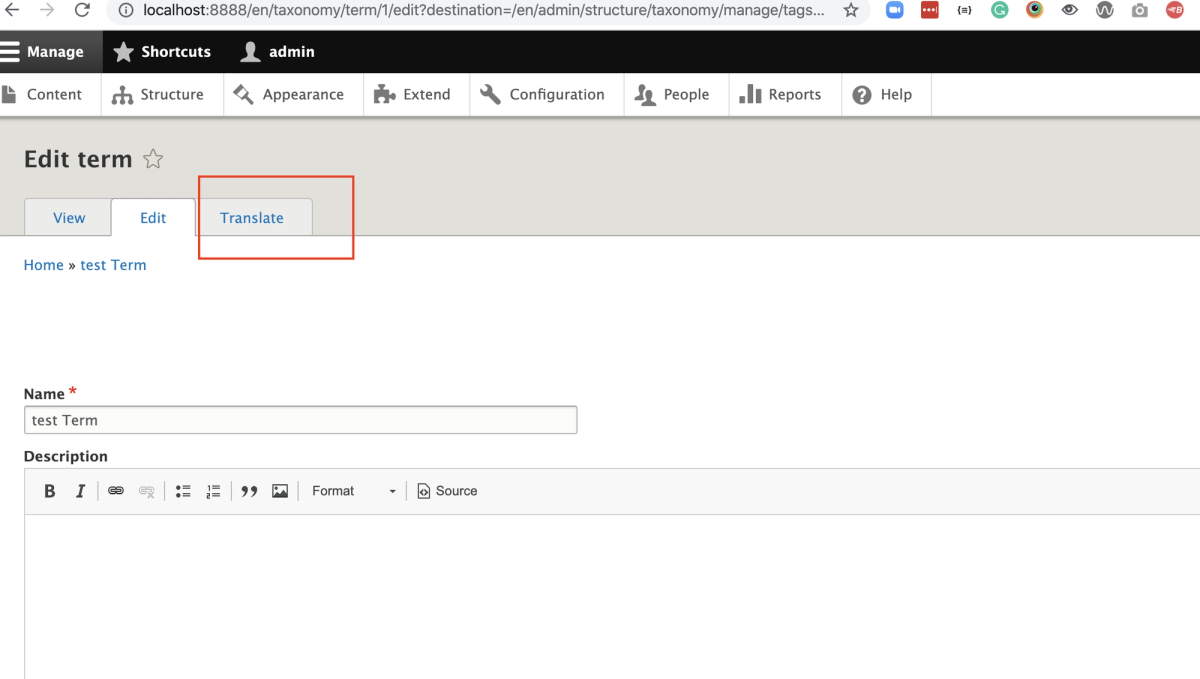 screenshot of backend to edit term 