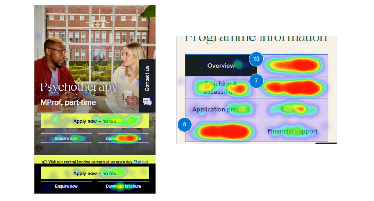 Heat maps of a university course page showing attention on the apply button and on programme information tabs.