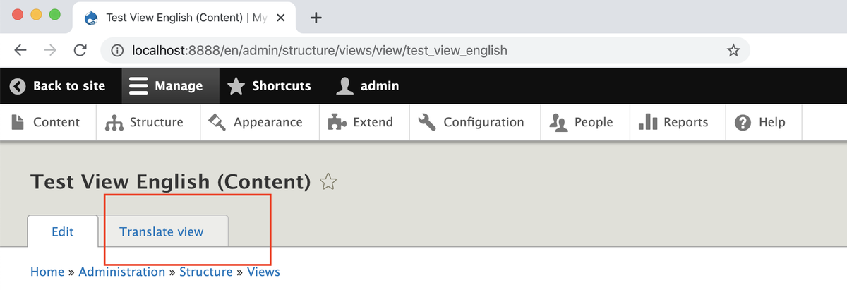 screenshot of backend for test view english content