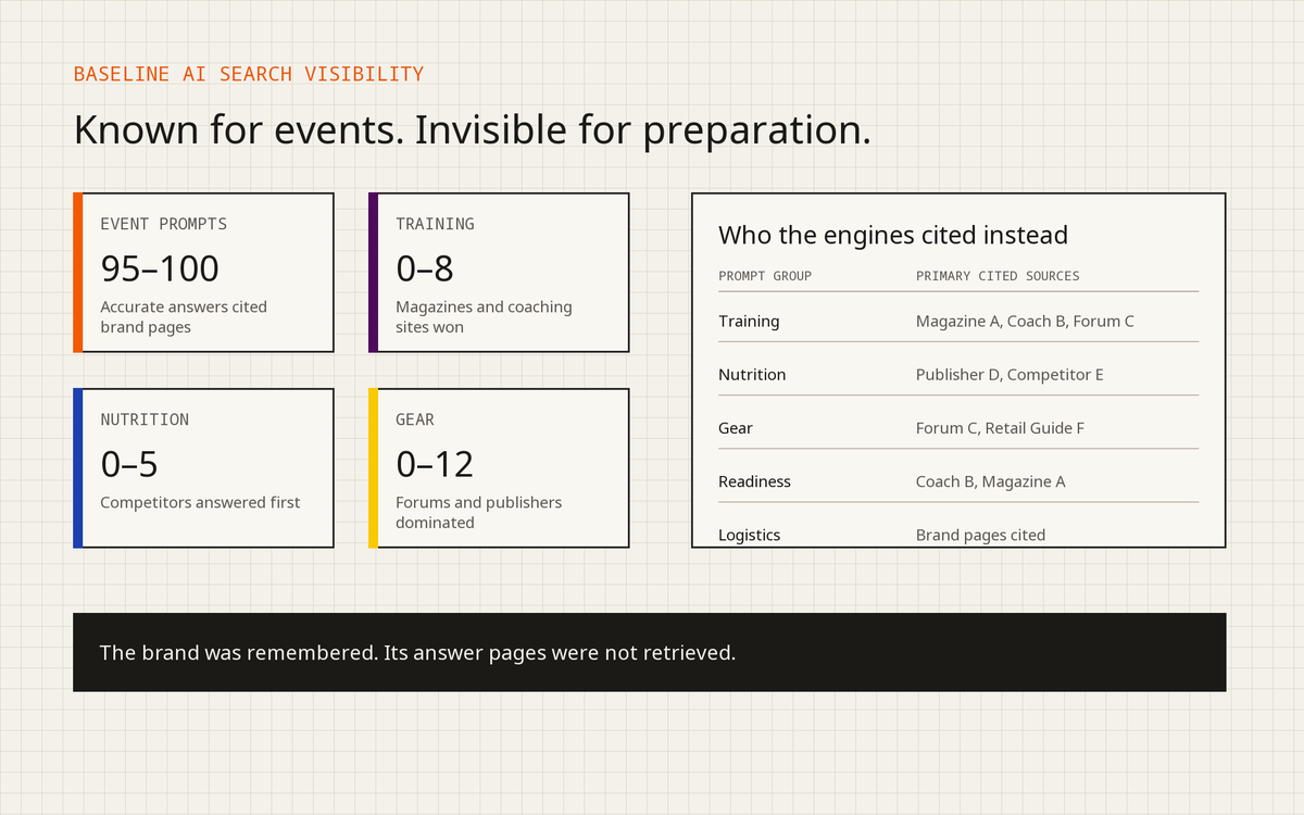 Baseline AI search visibility view showing event prompts scoring 95 to 100 while training and nutrition prompts score near zero.