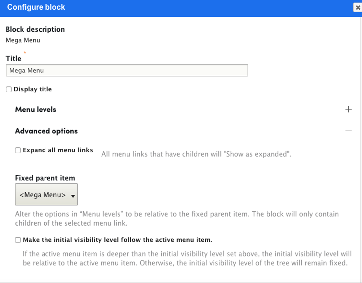Advance options for adding menu block in layout modal window