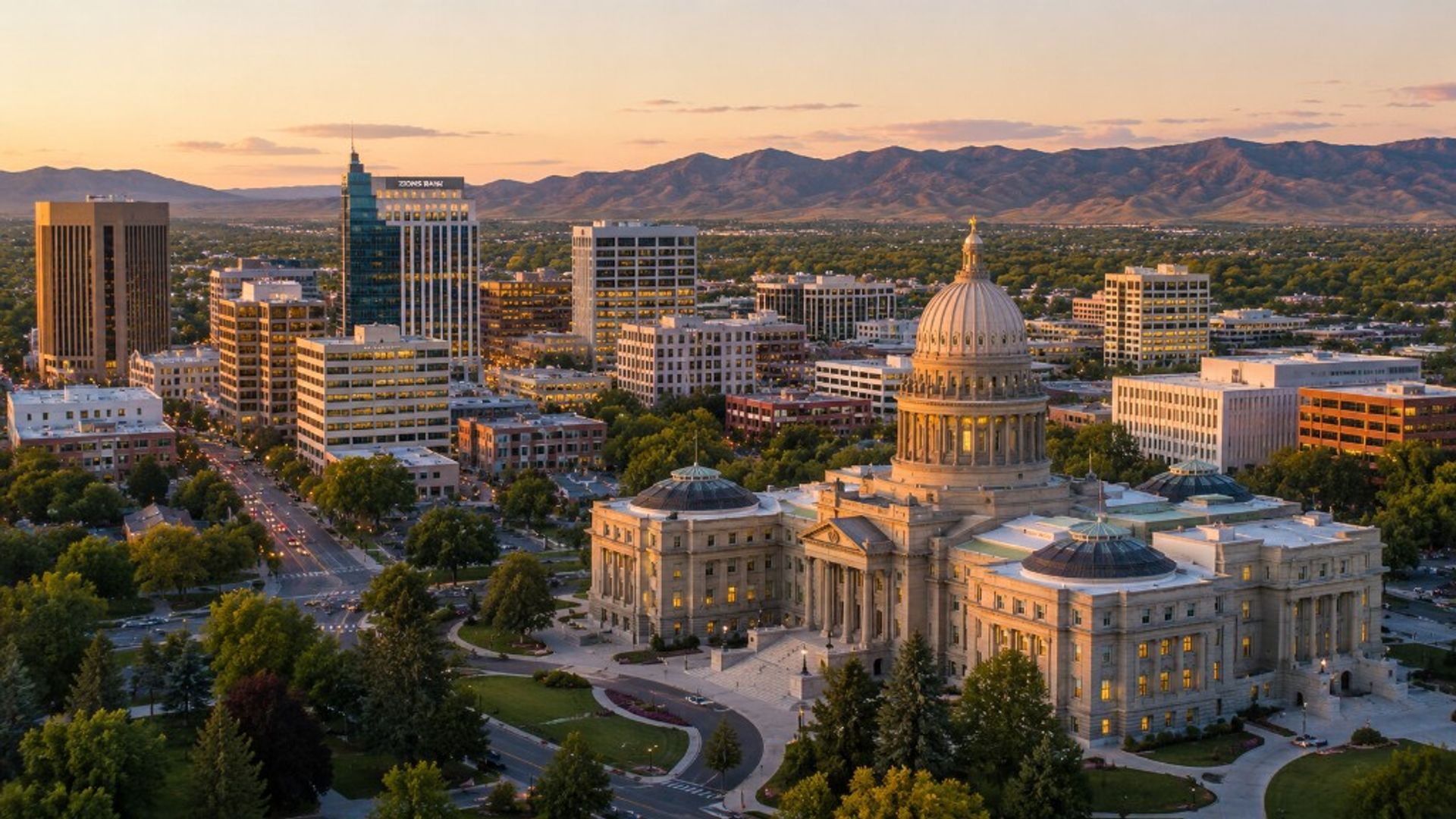 Boise Idaho skyline at sunset with the Idaho State Capitol