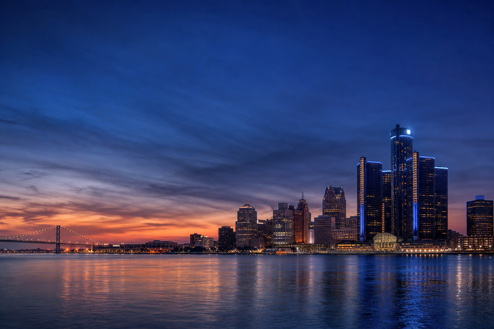 Detroit skyline across the river at dusk
