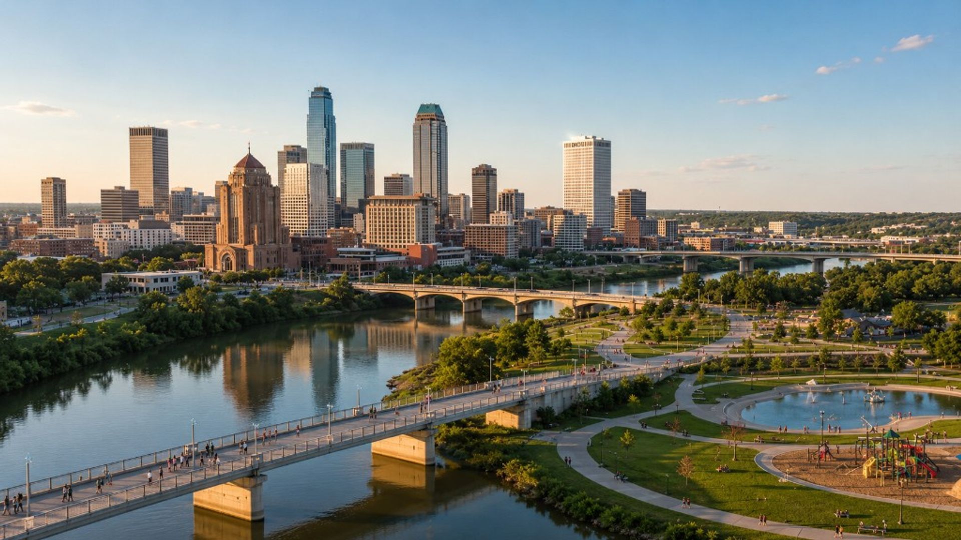 Tulsa Oklahoma skyline across the Arkansas River at The Gathering Place