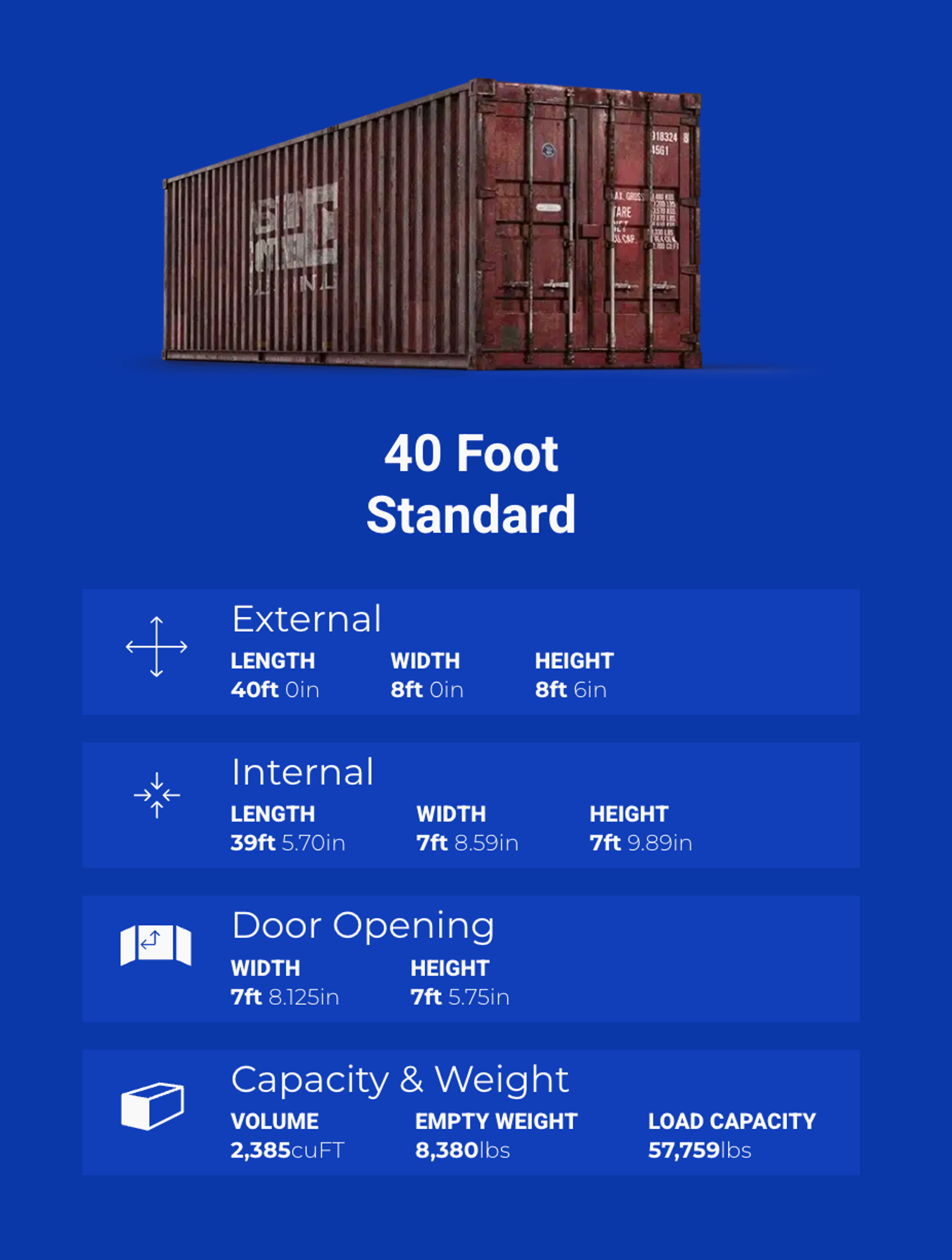 40' Foot Standard Shipping Container dimensions graphic