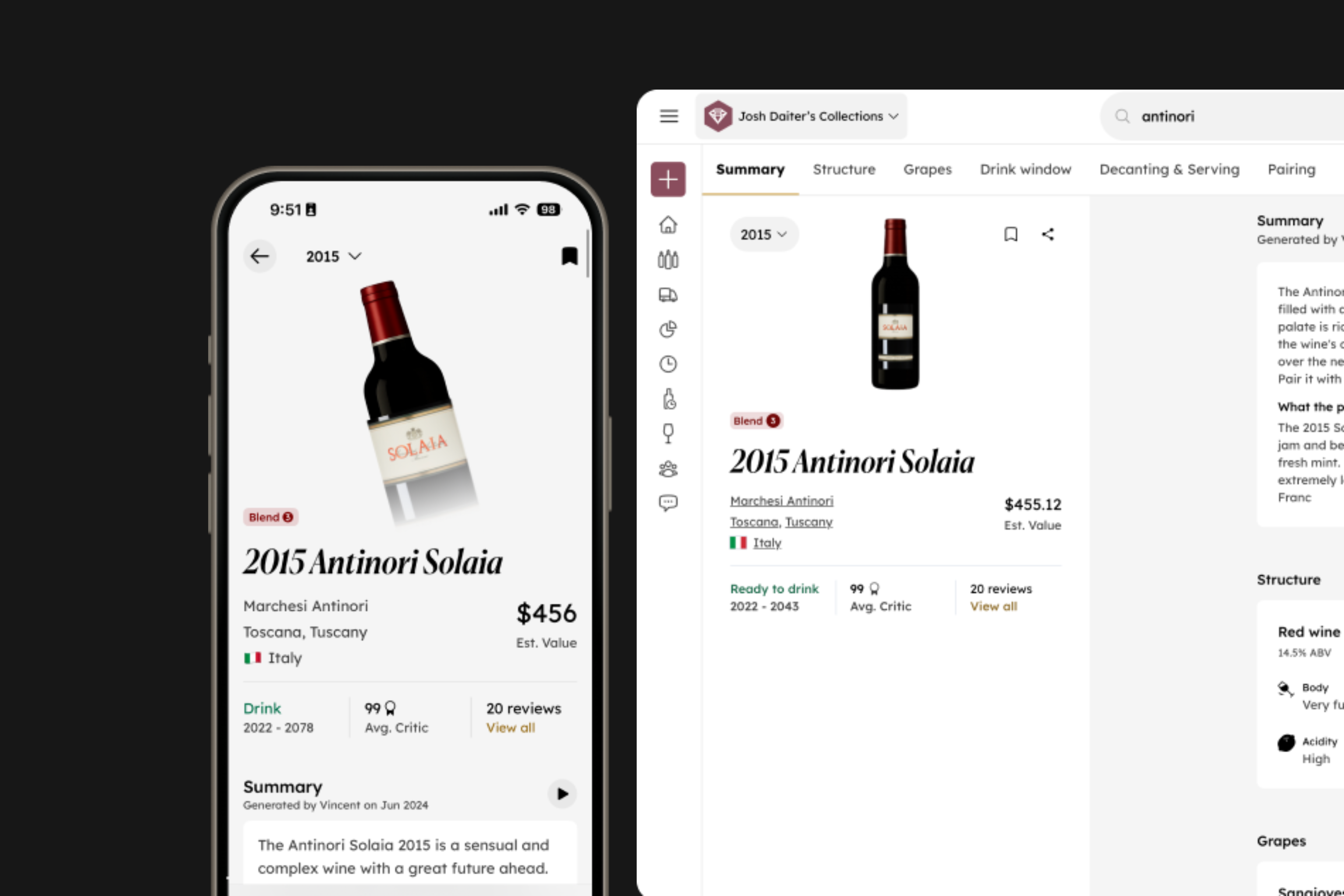 Device mockups displaying screenshots of InVintory's new Wine Guide feature.