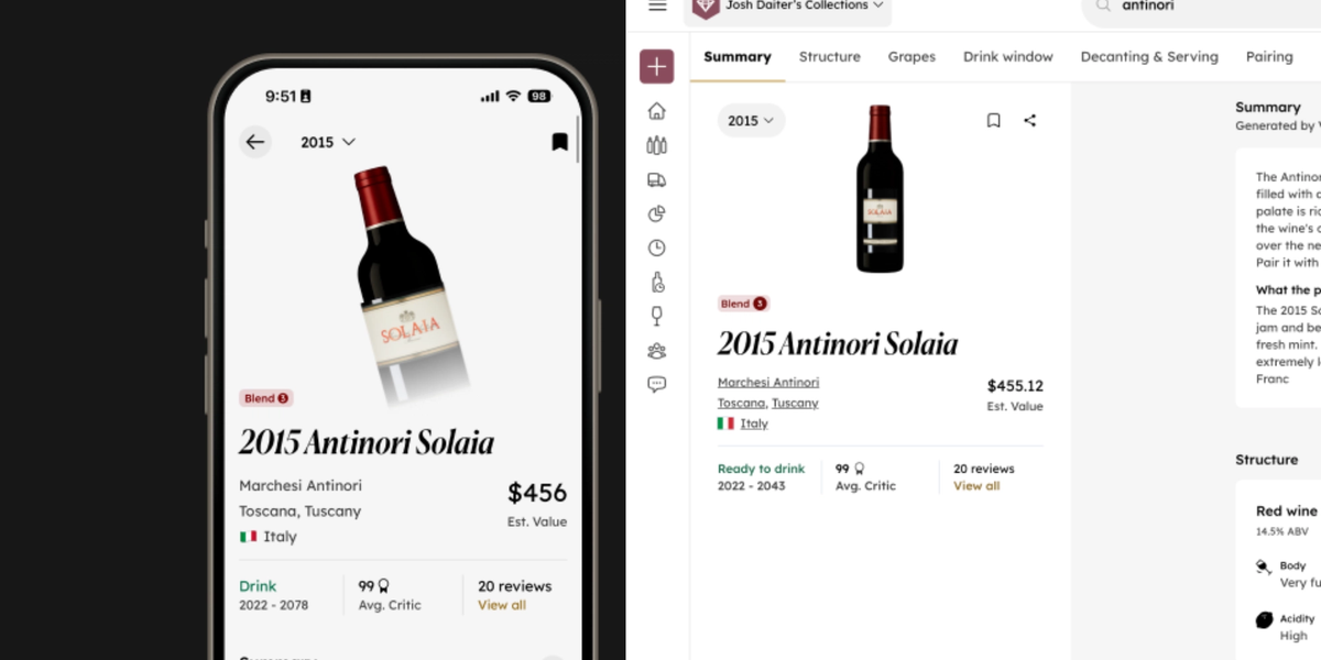 Device mockups displaying screenshots of InVintory's new Wine Guide feature.