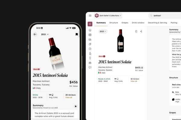Device mockups displaying screenshots of InVintory's new Wine Guide feature.