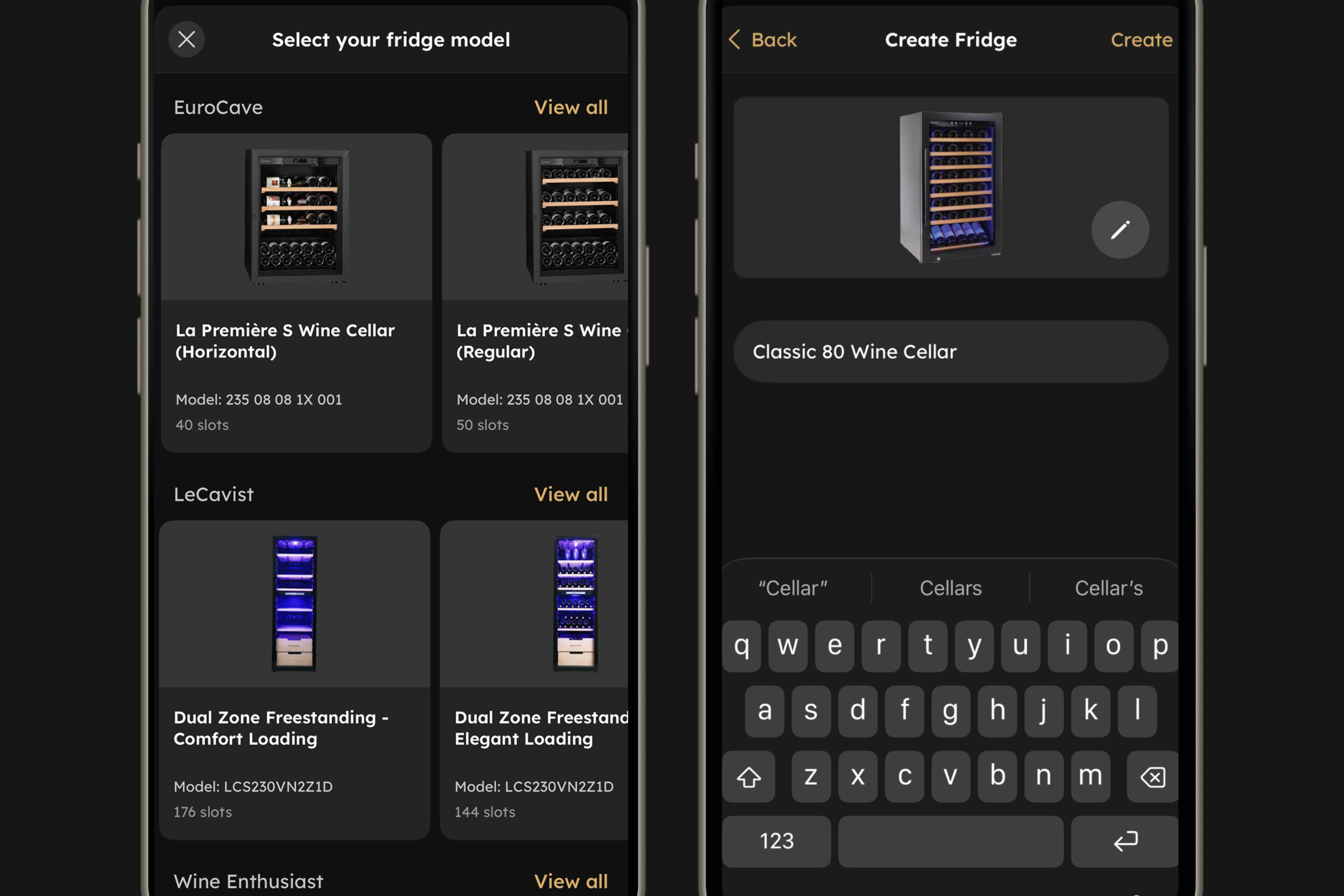 Two iPhone device mockups featuring screenshots of InVintory's new app feature: Wine Fridge Templates.