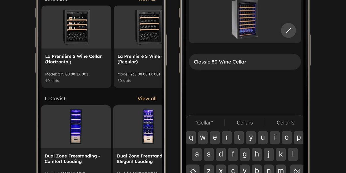 Two iPhone device mockups featuring screenshots of InVintory's new app feature: Wine Fridge Templates.