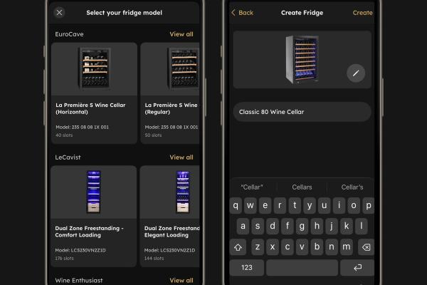 Two iPhone device mockups featuring screenshots of InVintory's new app feature: Wine Fridge Templates.