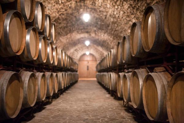 Rows of oak wine barrels lining a stone-arched underground cellar corridor.