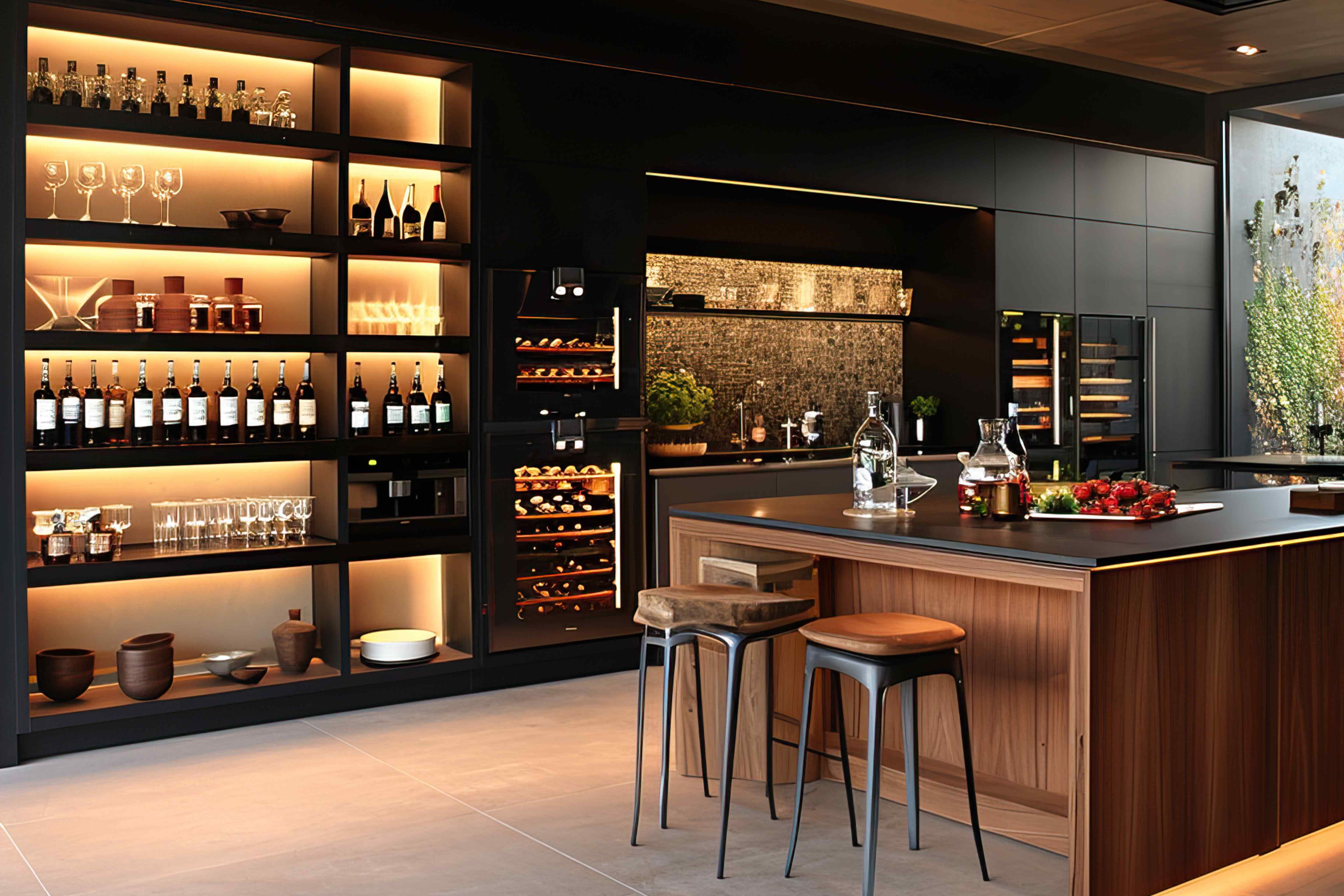 A sleek, modern kitchen displaying shelves full of wine bottles.