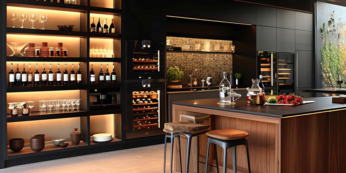 A sleek, modern kitchen displaying shelves full of wine bottles.