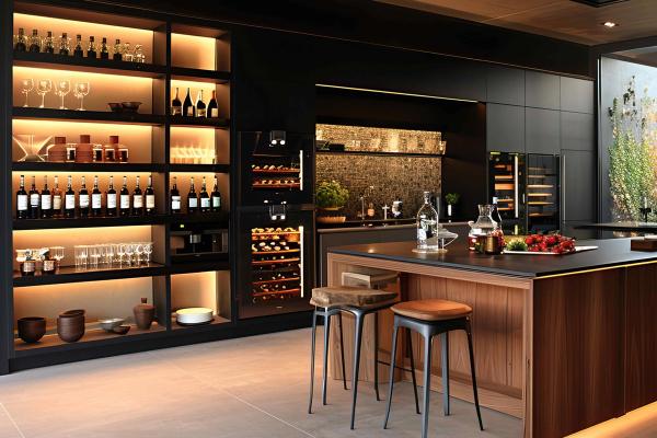 A sleek, modern kitchen displaying shelves full of wine bottles.