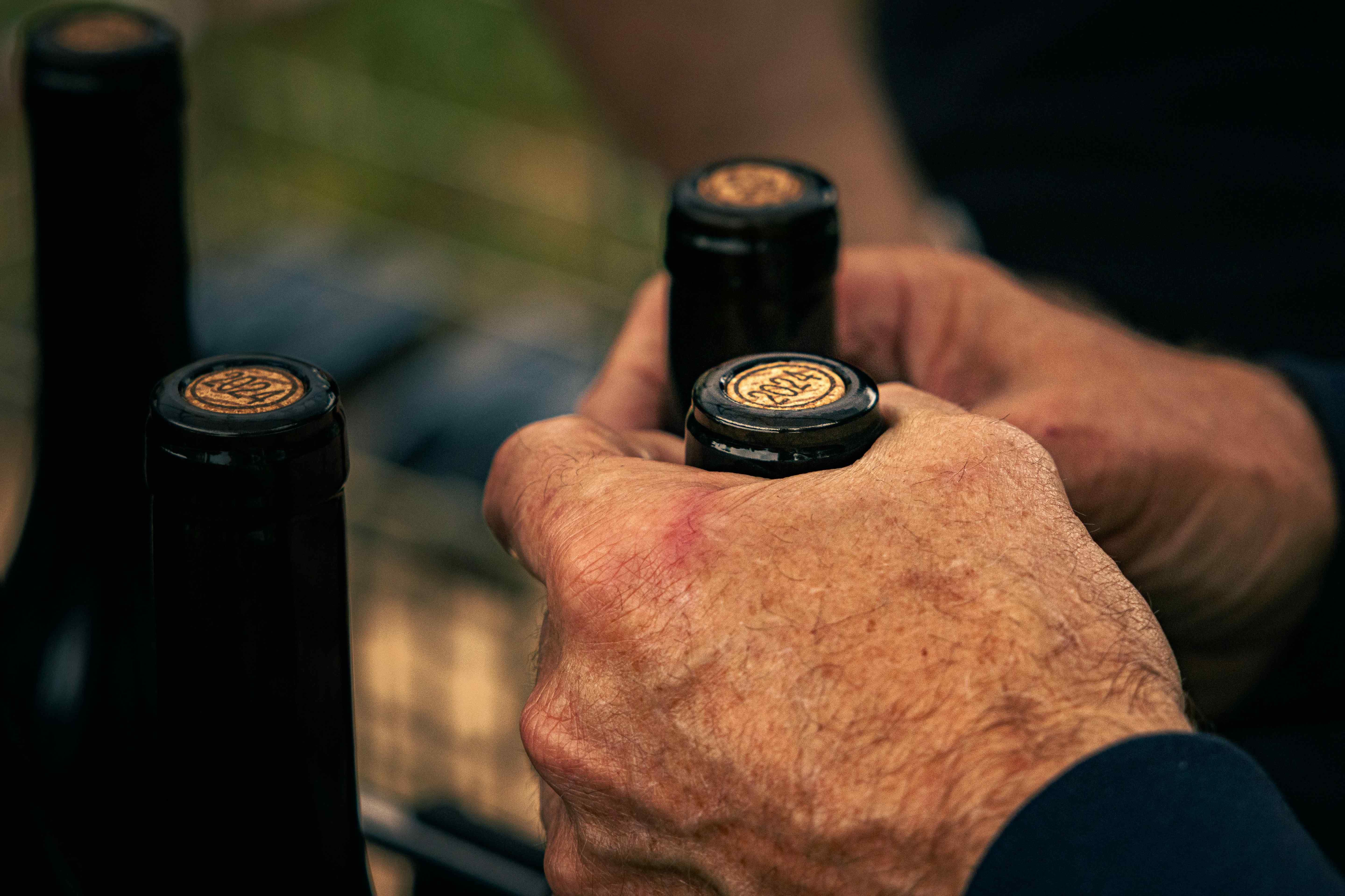 Close-up of a hand gripping three wine bottles by their capsules, one marked with a 2024 vintage.