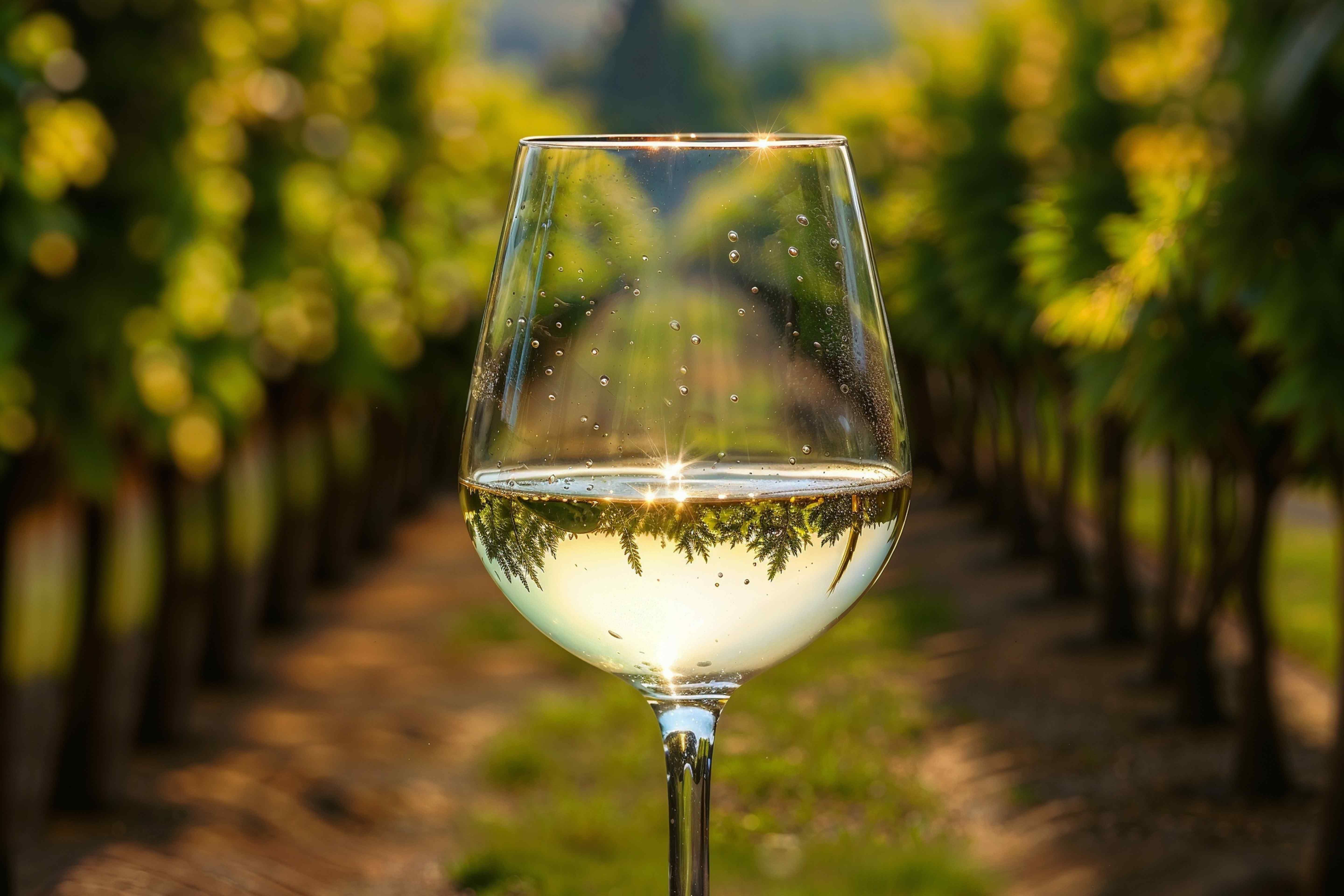 A glass of white wine held up against a sunlit vineyard row in summer.