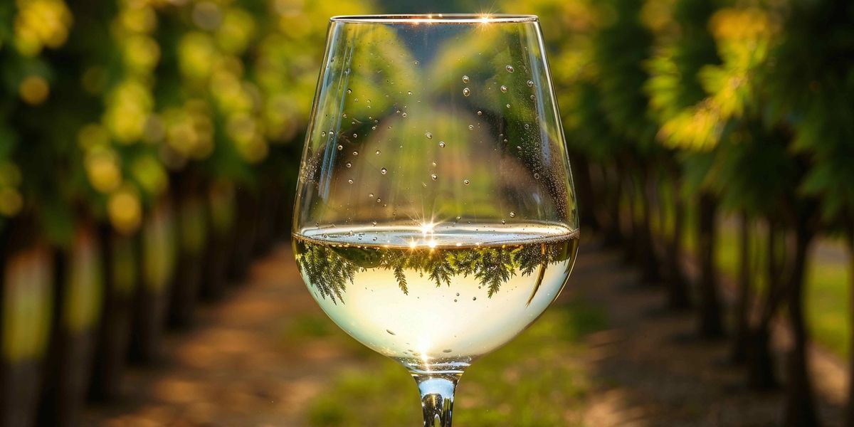 A glass of white wine held up against a sunlit vineyard row in summer.
