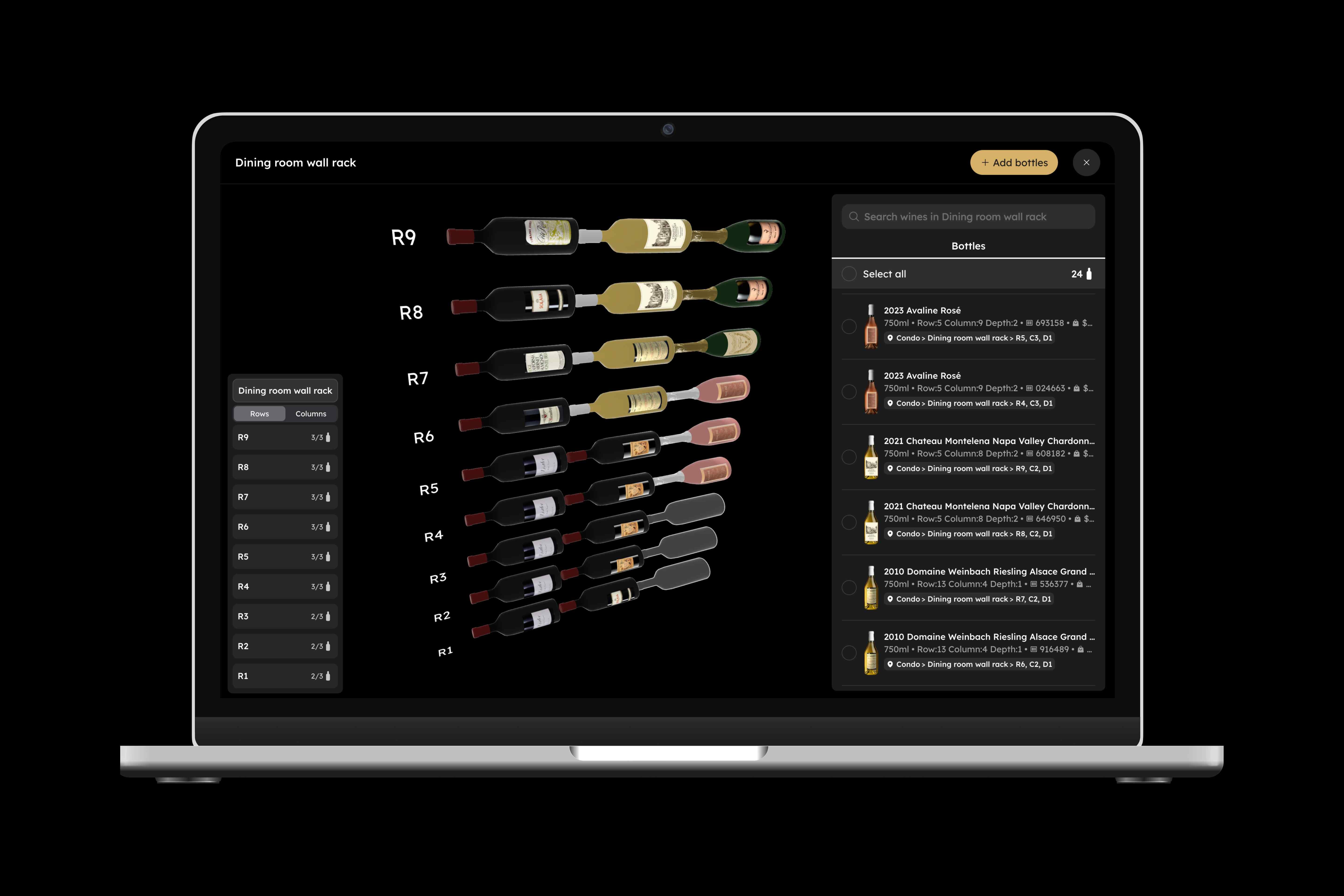 Laptop screen showing a digital 3D wine rack map with bottle details and search panel.
