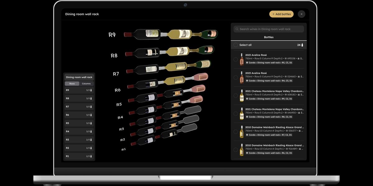 Laptop screen showing a digital 3D wine rack map with bottle details and search panel.