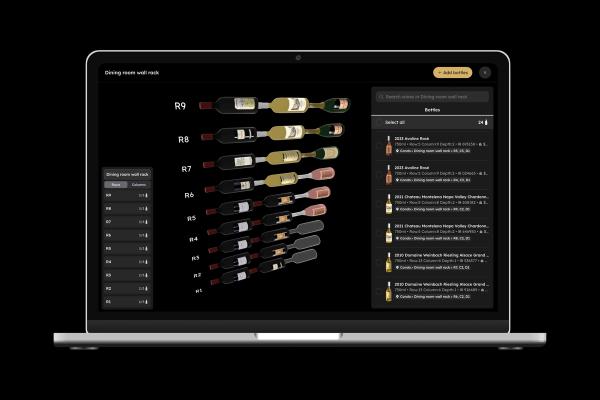 Laptop screen showing a digital 3D wine rack map with bottle details and search panel.