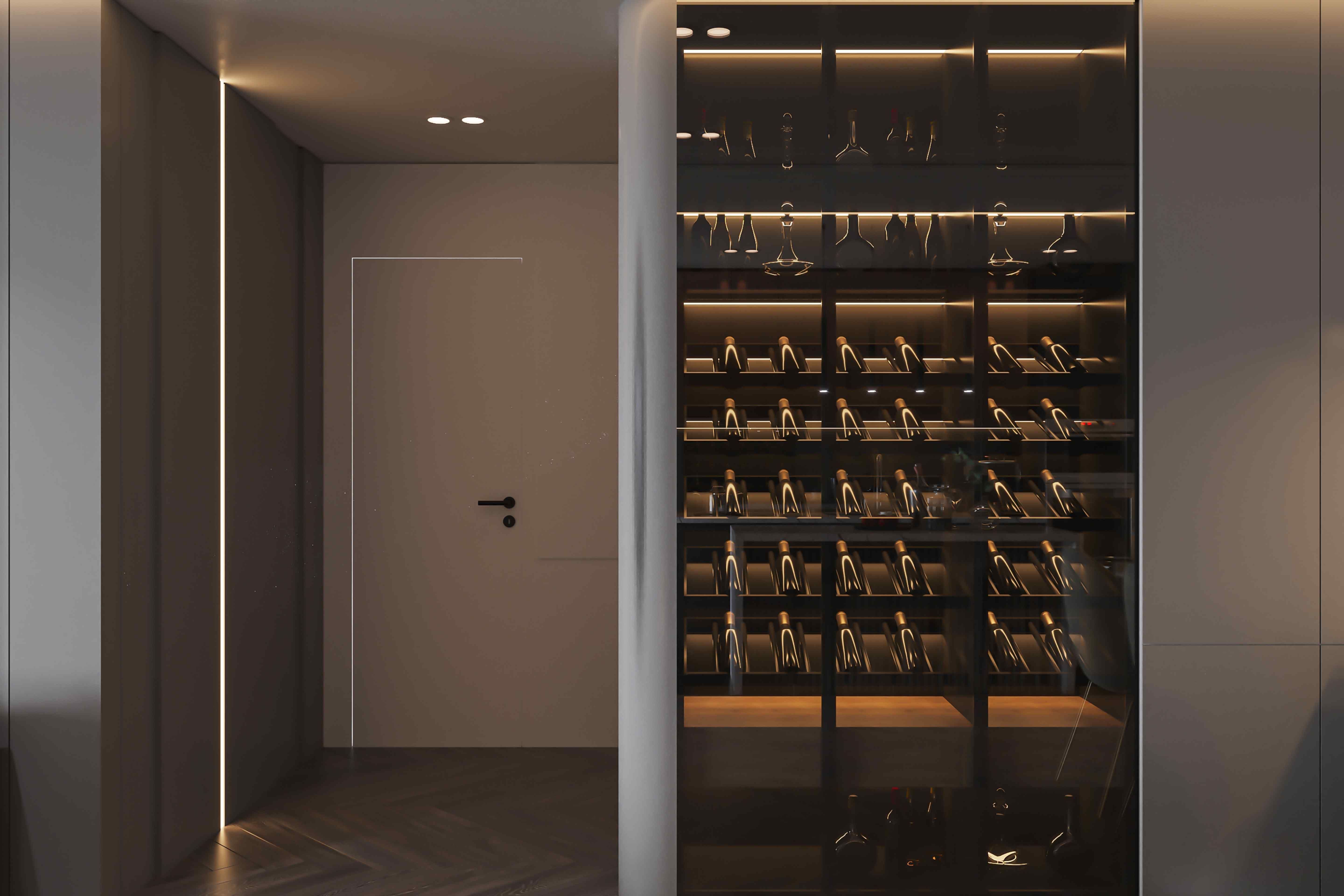 Modern glass-enclosed home wine cellar with backlit shelving and angled bottle racks beside a hallway.