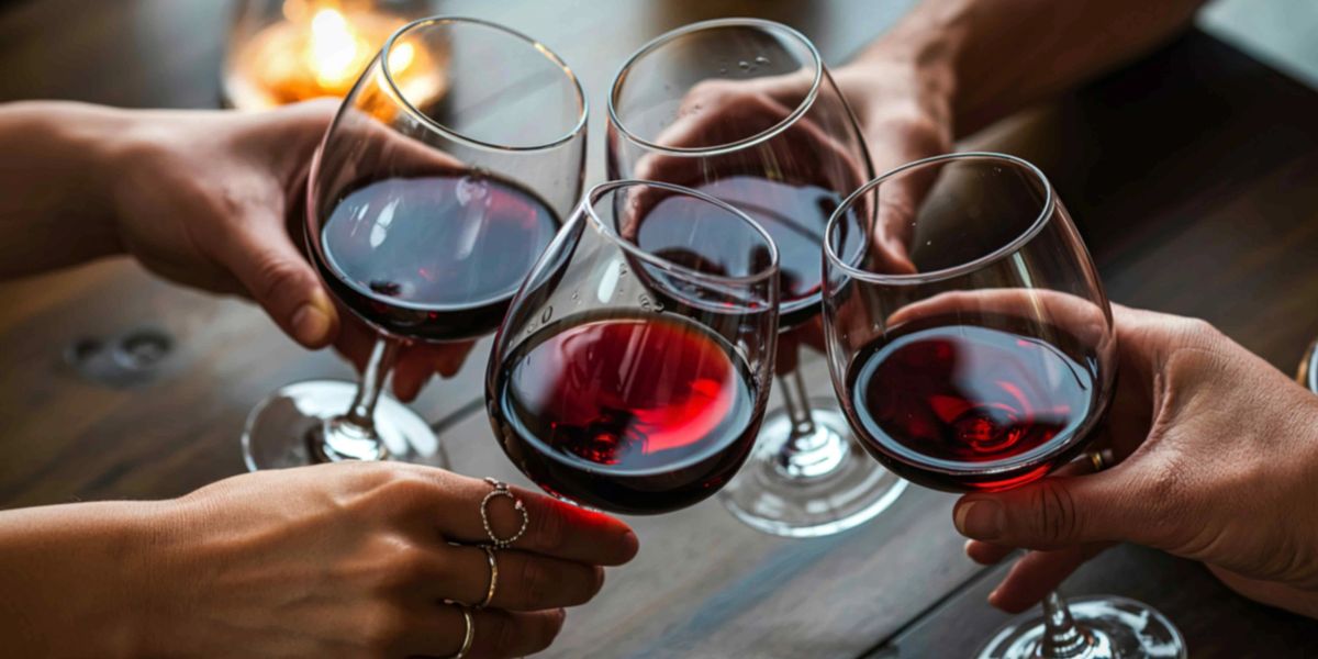 Four clinking glasses of red wine at a restaurant.
