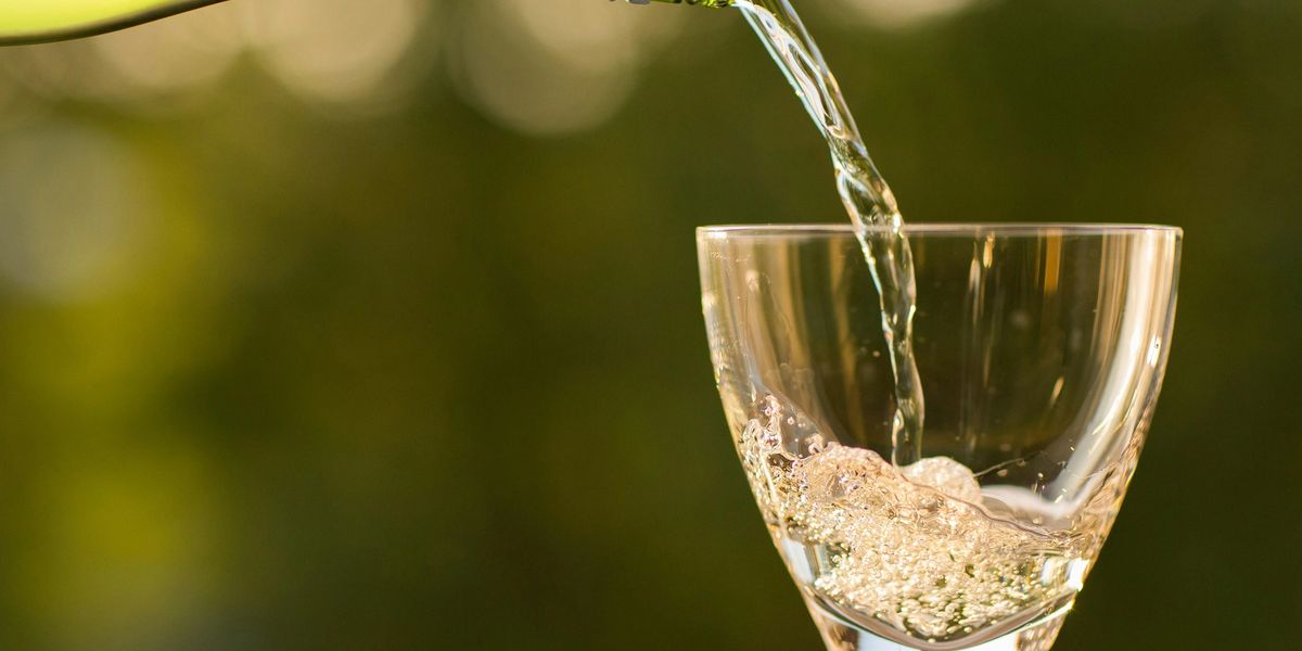 A wine glass being filled with white wine against the backdrop of a lush, green, outdoor environment.