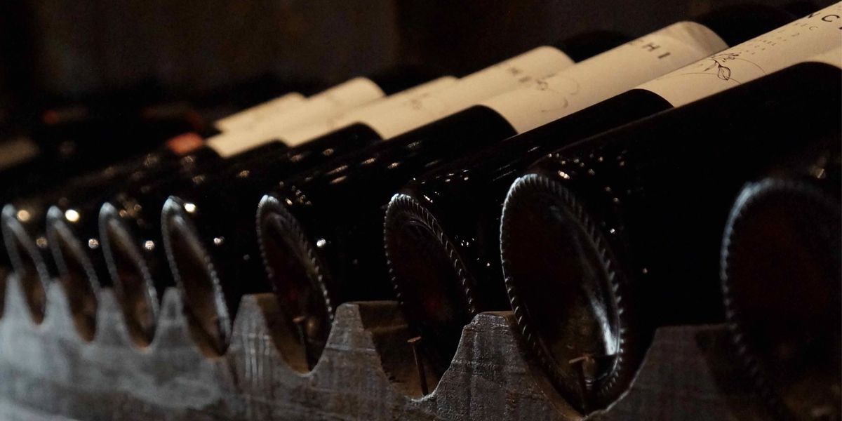 A row of wine bottles on a shelf in a wine cellar.