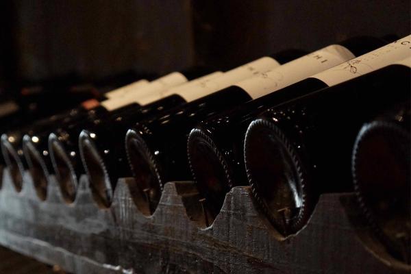 A row of wine bottles on a shelf in a wine cellar.