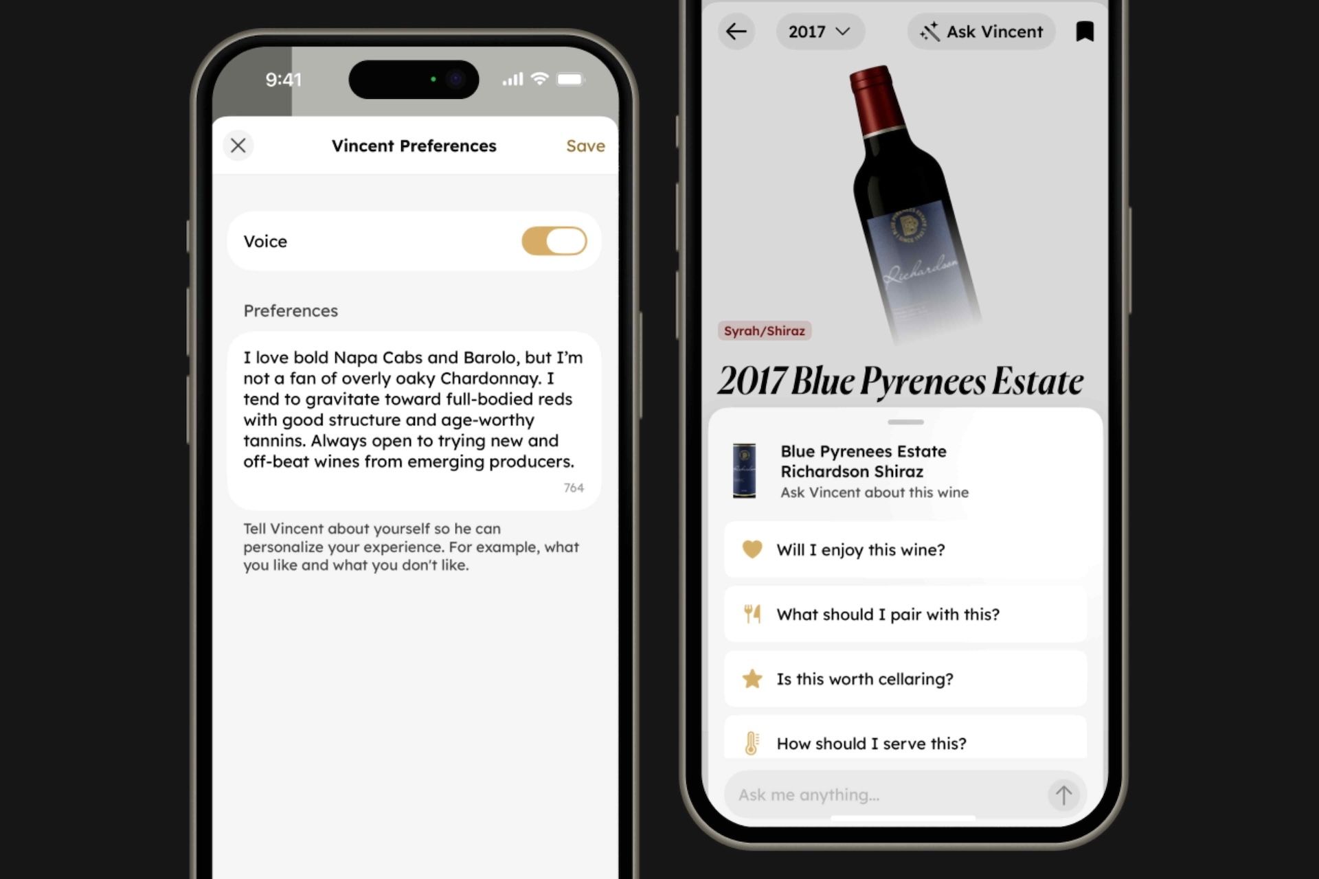 Two iPhone mockups displaying screenshots of InVintory's new AI sommelier features.