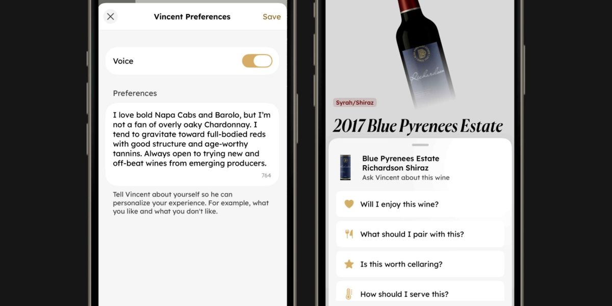 Two iPhone mockups displaying screenshots of InVintory's new AI sommelier features.