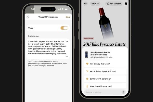 Two iPhone mockups displaying screenshots of InVintory's new AI sommelier features.