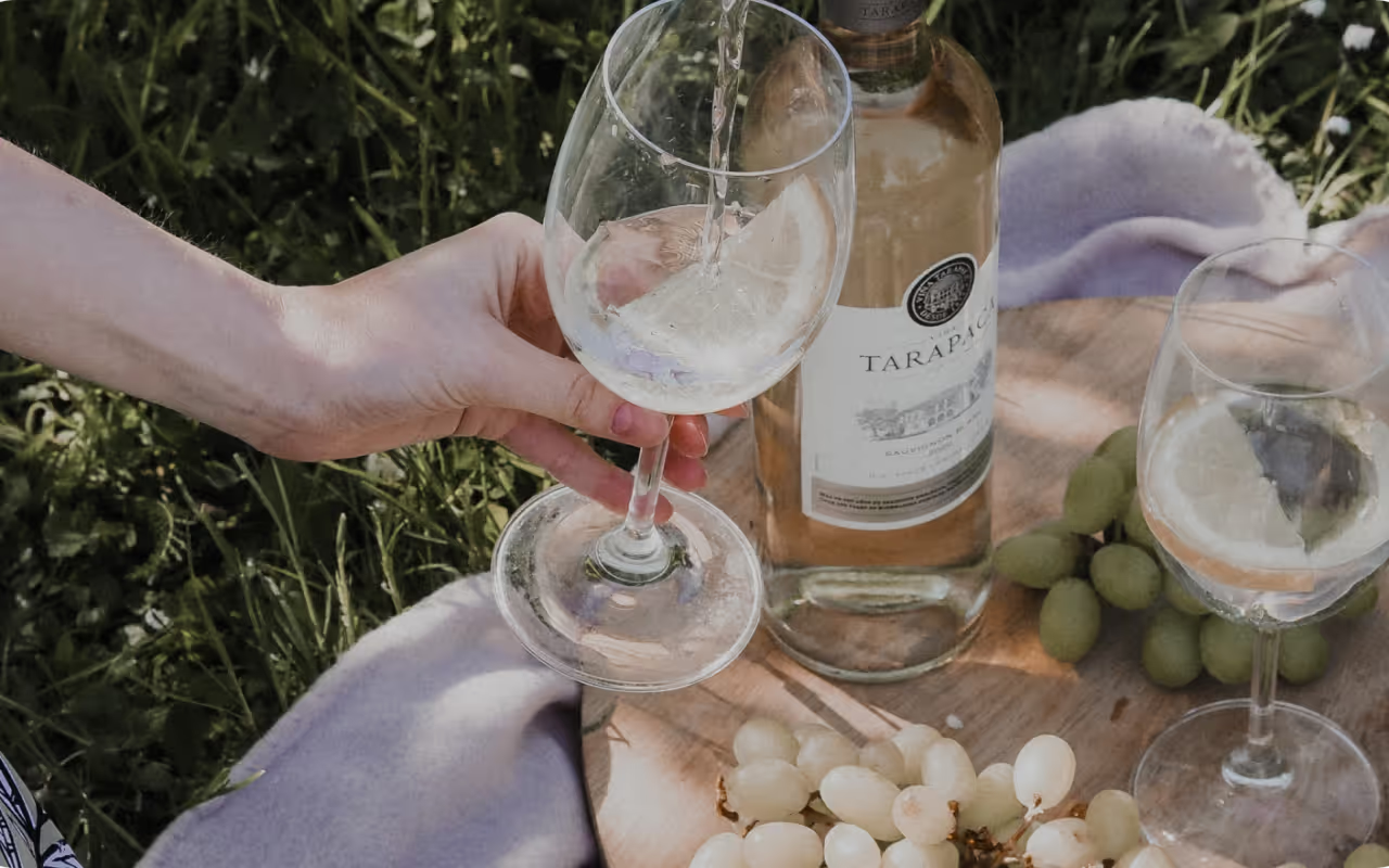 White wine is poured into a wine glass at a picnic.