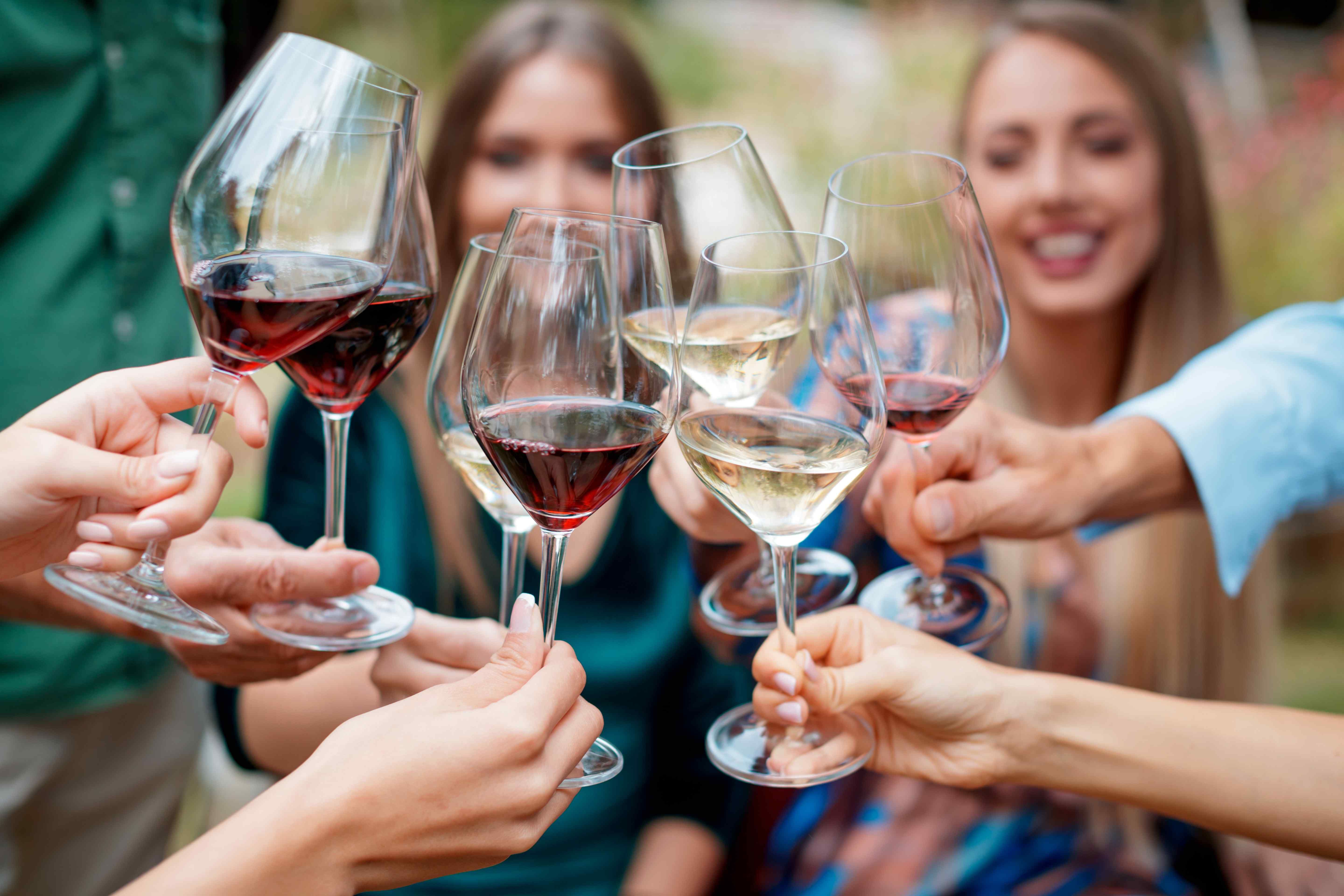Group of people clinking glasses of red and white wine together at an outdoor toast.