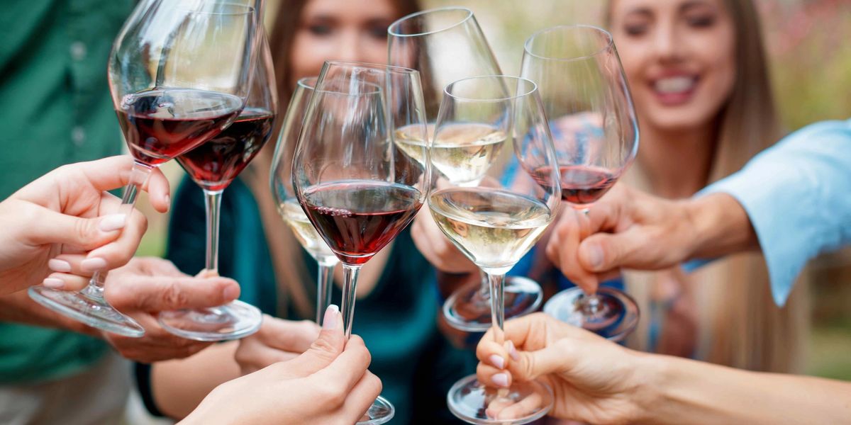 Group of people clinking glasses of red and white wine together at an outdoor toast.