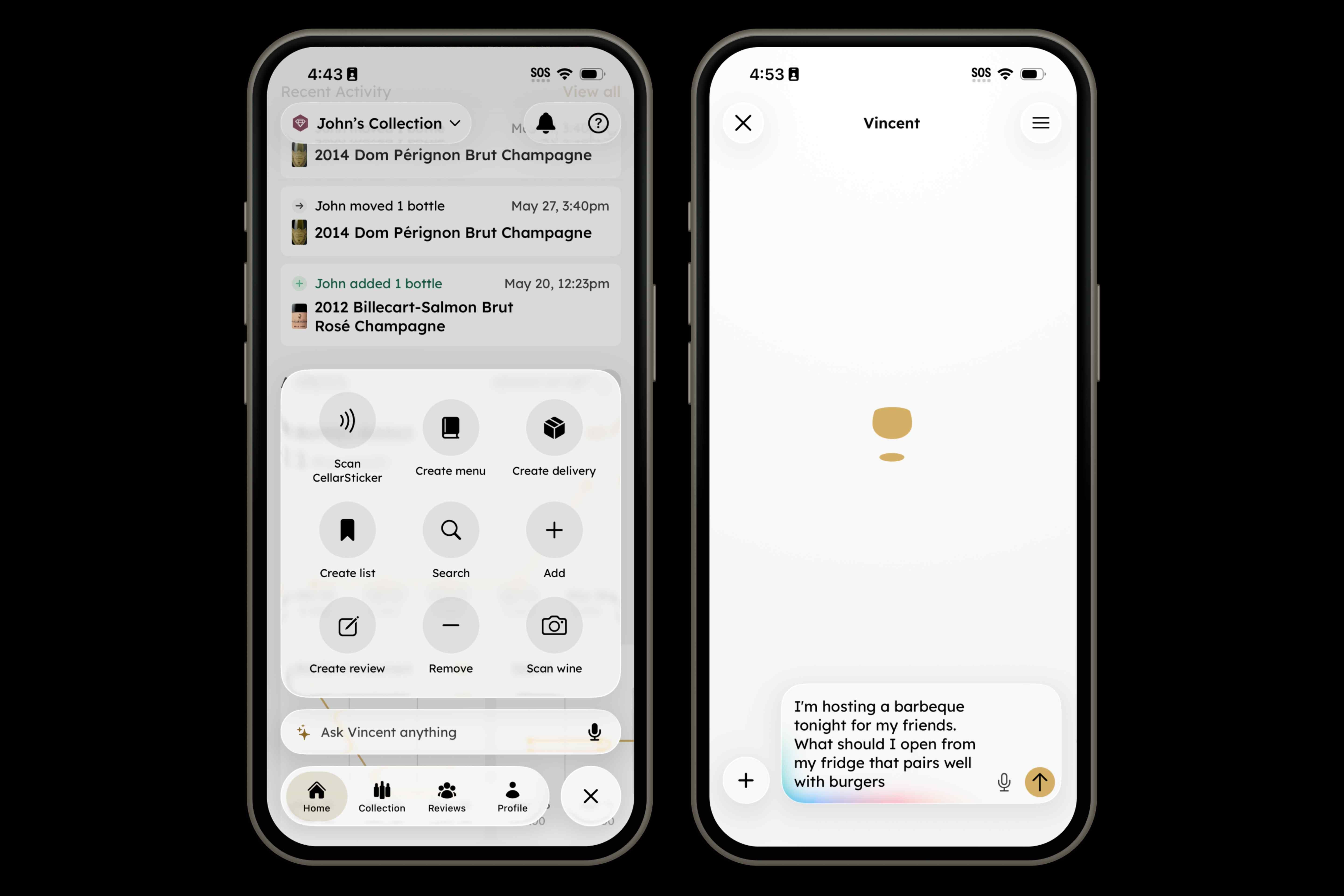 Two iPhone screens showing the InVintory Quick Action menu and a Vincent chat asking for wine pairings for a barbecue.